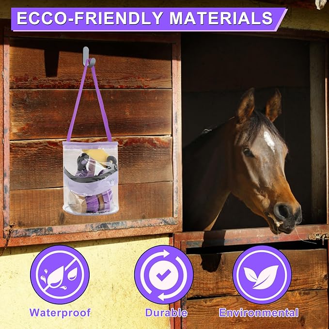 9 Pieces Grooming Kit with Tote Bag, Sweat Scraper, Sponge, Hoof Pick, Curry Comb for Horse Riders Beginners (Purple)-PurrikoPets