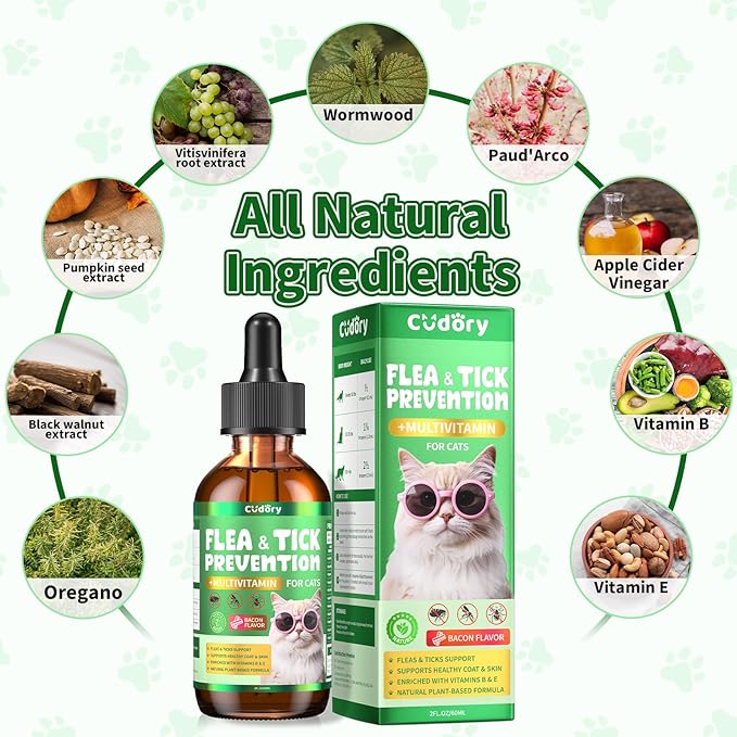 Flea & Tick Support for Cats – Natural Herbal Drops with Multivitamin – Fleas and Ticks Comfort Formula for Cat All Breeds & Ages – Bacon Flavor-PurrikoPets