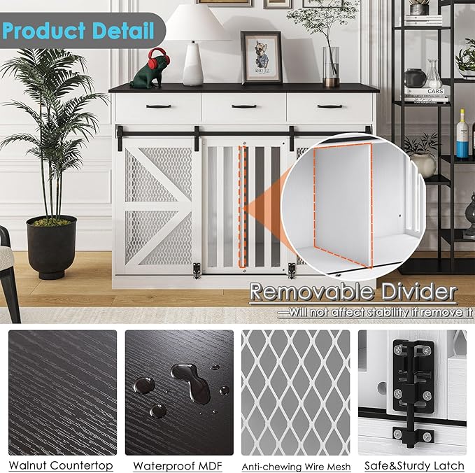 48'' Dog Crate Furniture with Divider&Storage Drawers, Wooden Double Dog Kennel Furniture End Table with Sliding Barn Doors, White Double Dog Crate TV Stand-PurrikoPets