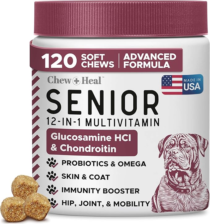 12-in-1 Multivitamin for Senior Dogs - 120 Senior Dog Vitamin and Supplement Soft Chews for Hip and Joint - Advanced Formula with Glucosamine, Omega 3,6,9, Vitamins, Probiotics - Made in The USA-PurrikoPets