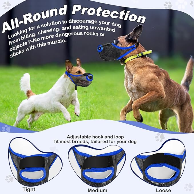 Dog Muzzle, Soft Air Mesh Muzzle for Small Medium Large Dogs Anti Biting Barking Chewing Scavenging, Breathable Adjustable Loop Pets Muzzle with Front Opening Design Allows Panting Drinking (Blue,XL)-PurrikoPets