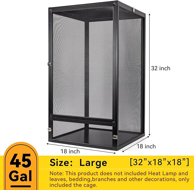 45 Gallon 360° Panoramic Foldable Reptile Terrarium Kit: Crested Gecko Tank and Reptile Cage for Superior Ventilation, Easy Feeding, Sturdiness, and Simple Assembly (Black, 32"x18"x18")-PurrikoPets
