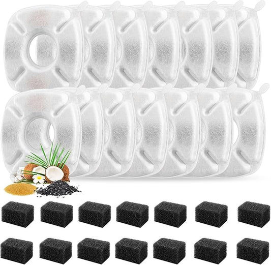 28 Pcs Cat Water Fountain Replacement Filters-14 Pack Water Fountain Filters 14 Pack Pre-Filter Sponges, Pet fountain replacement filters Fit for 95oz/2.8L Cat Pet Fountain, white + black-PurrikoPets