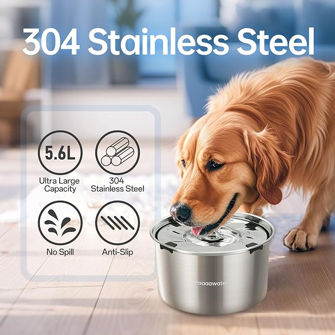 5.6L/190oz Large Dog Water Bowl No Spill, No Drip Dog Water Dispenser with Floating Disk, Stainless Steel Slow Drinking Bowl for Small Medium & Large Dogs-PurrikoPets