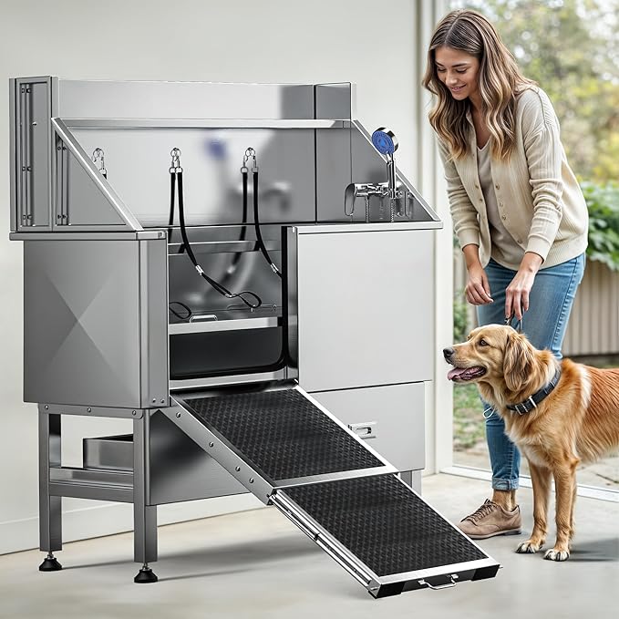 DWVO Professional Dog Bathing Station Stainless Steel 304 Pet Bathtub, 50in Dog Grooming Tub w/Right Door Ramp, 2 Storage Drawers, Grate, Pet Washing Station for Large, Medium, Small Pets-PurrikoPets