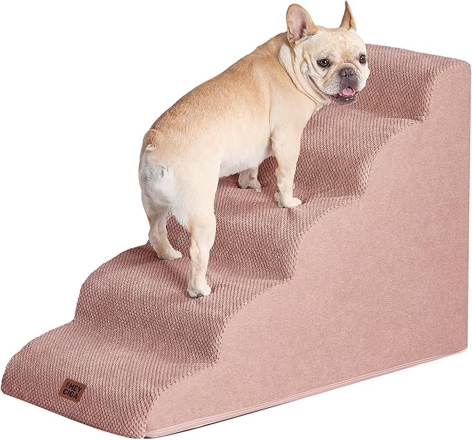 EHEYCIGA Curved Dog Stairs Ramp for High Beds 22.6" H, 5-Step Dog Steps for Small Dogs and Cats, Pet Stairs for High Bed Climbing, Non-Slip Balanced Pet Step Indoor, Dusty Pink-PurrikoPets