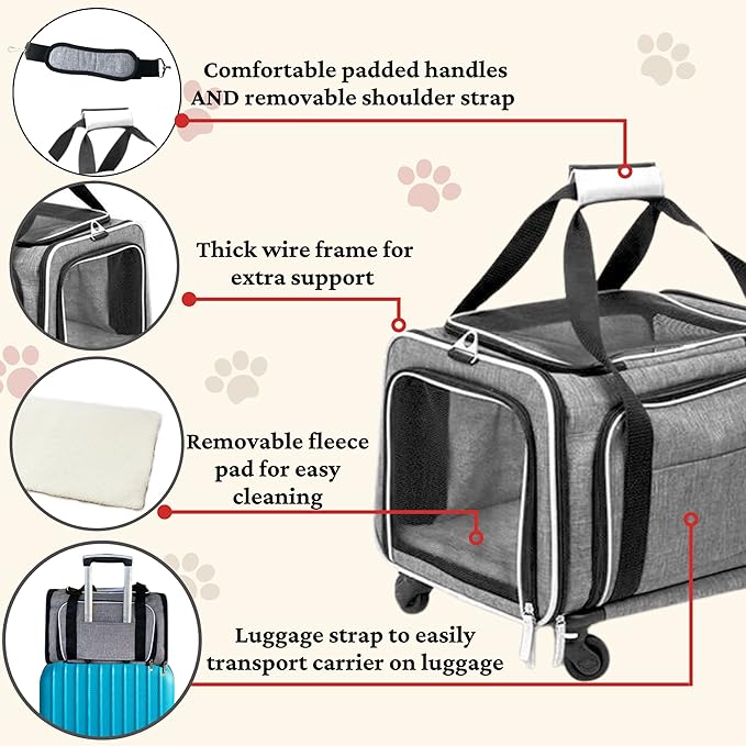 Airline Approved Expandable Premium Pet Carrier on Wheels- Two Sided Expandable Rolling Carrier- Designed for Dogs & Cats- Extra Spacious Soft Lined Carrier! (Grey)-PurrikoPets
