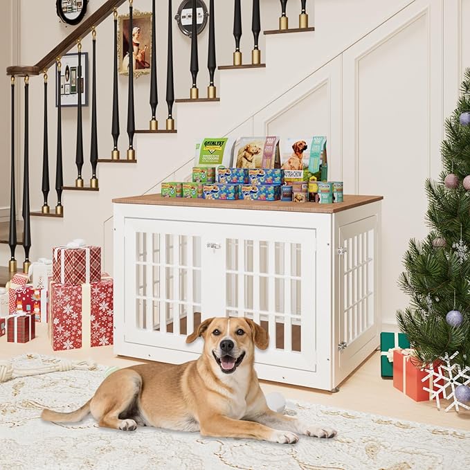 42" Heavy Duty Dog Crate Furniture for Small,Medium and Large Dogs,Rustic Wooden Dog Cage Kennel Indoor Furniture with Waterproof Top,Decorative Pet House Side End Table (White & Wood)-PurrikoPets