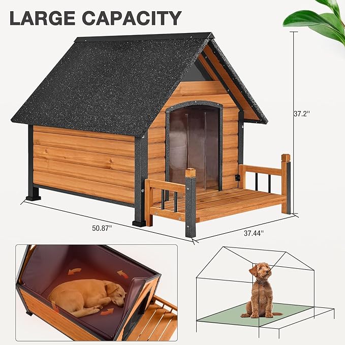 Dog House Outdoor, Weatherproof Wooden Dog Kennel Indoor for Small Medium Large Dogs, 50.87" L Insulated Large Dog Shelter for Winter-PurrikoPets