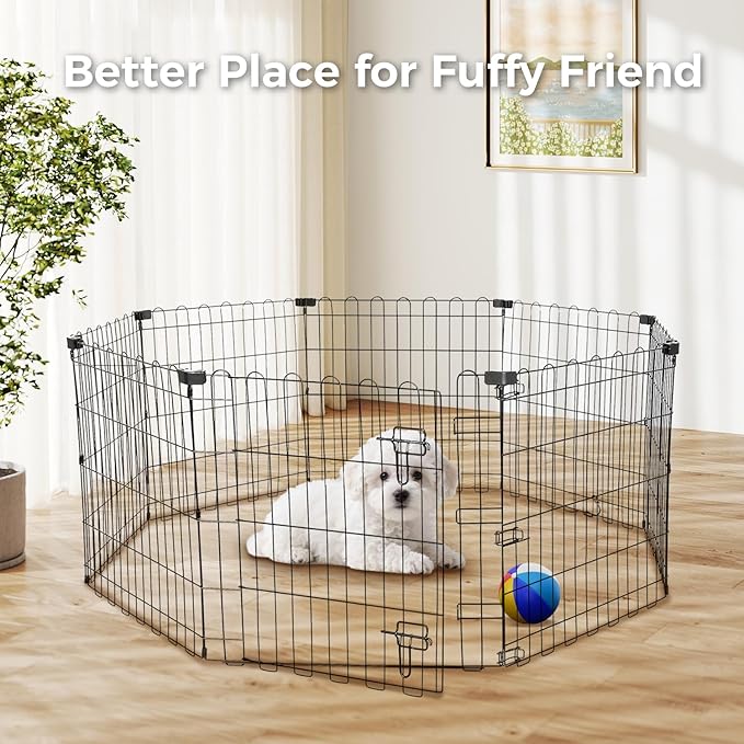 Foldable Dog Playpen 24" Height 8 Panels Metal Exercise Pen with Door - Indoor/Outdoor Puppy Playpen for Small Dogs, Portable Pet Fence for Yard Garden Camping, Black-PurrikoPets