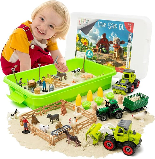 59 PCS Farm Sensory Bin Sandbox with Lid, 2.2 LB Sensory Sand, 40 Toddler Farm Toys, 3 Take Apart Construction Trucks -Sensory Toys for Kids 5-7, 3-4 & Up- Kids Gifts for Boys and Girls-PurrikoPets