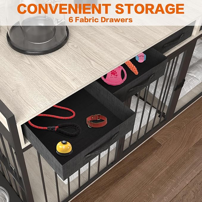 86.6inch Dog Crate Furniture with Storage,Furniture Style TV Stand Dog Kennel for 2 Dogs,with 6 Drawers,Removable Divider&Adjustable Bowls,Heavy Duty Metal Chew-Resistant Dog Crate Furniture-PurrikoPets