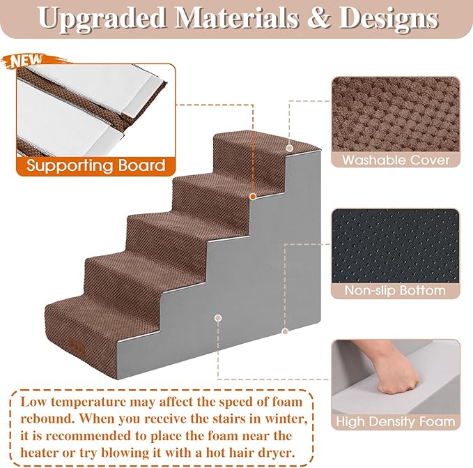 GGIB Dog Stairs for Small Dogs Cats Non-Slip Dog Steps for High Bed Pet Stairs for Sofa Couch Pet Ramp Pet Steps with Removable Washable Cover, Brown, 22" H, 5-Step-PurrikoPets