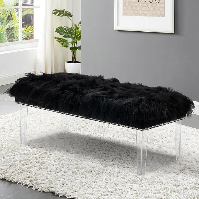46 Inch Black Bedroom Bench, Benches for Bedroom White Faux Fur Upholstered Bed end Bench, Tufting Bench Indoor Bench with Acrylic Legs for Living Room Bedroom Dining Room Entryway, Black-PurrikoPets