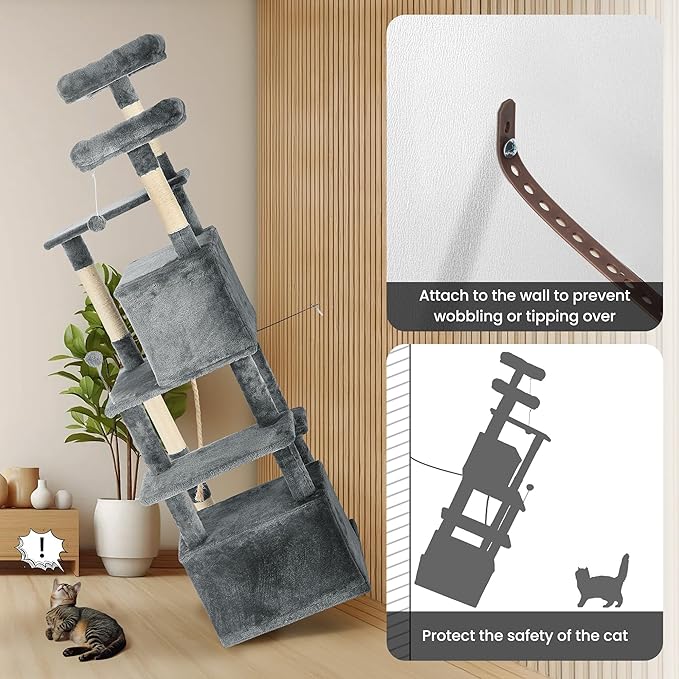 69in Large Cat Tree Tower for Indoor Cats with Soft Plush Hang Ball, Two Condos, Sisal Scratch Posts & Rope Play for Kittens/Adult Cats, Grey-PurrikoPets