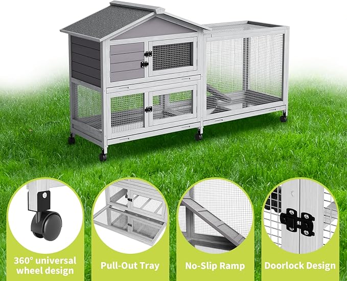 2-Tier Rabbit & Chicken House Mobile,Wooden Chicken Coop & Bunny Cage with Non-Slip Ramp, 4 Doors,Waterproof Roof & Pull-Out Tray,Outdoor/Indoor Pet Cage Movable-PurrikoPets