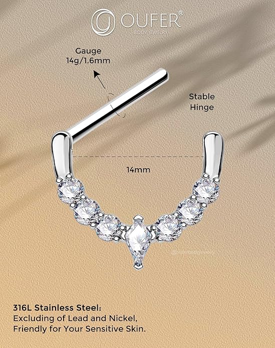 OUFER 2PCS 14G Nipple Piercing Jewelry, 316l Surgical Steel Nipple Rings for Women Men, Clear CZ Hinged Segment Clicker Rings Hoops- Silver