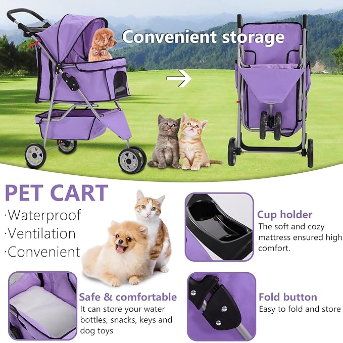Dog Stroller,3 Wheels Travel Folding Pet Strollers for Small Medium Dog Cat Jogger Stroller with Storage Basket Removable Liner Purple-PurrikoPets