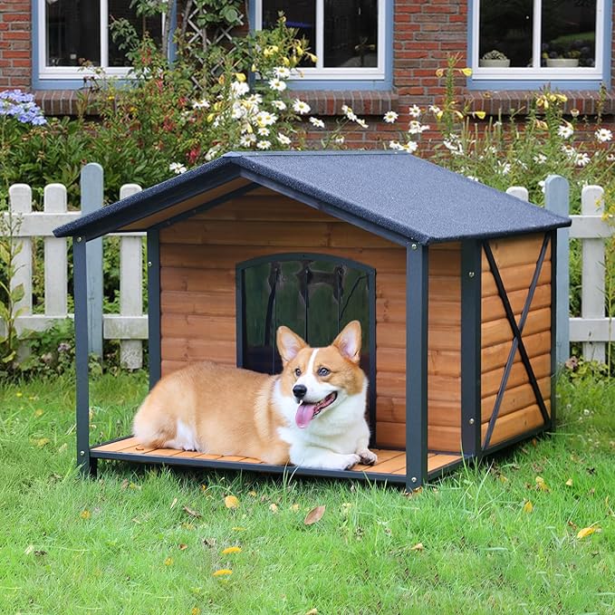 Dog House Outdoor & Indoor Unique All-Around Iron Frame Dog Kennel for Winter with Raised Feet for Small & Medium & Large Dogs,Weatherproof Roof (41.6 “L×41.4”W×34.1“H)-PurrikoPets