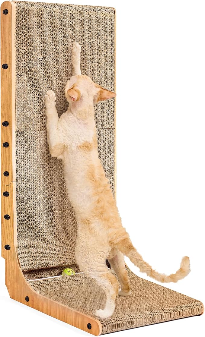 EHEYCIGA Cardboard Cat Scratcher for Indoor Cats, 32 Inch L Shaped Vertical Cat Scratching Board with Ball Cat Toy, Extra Large Cat Scratcher Pad, Brown-PurrikoPets