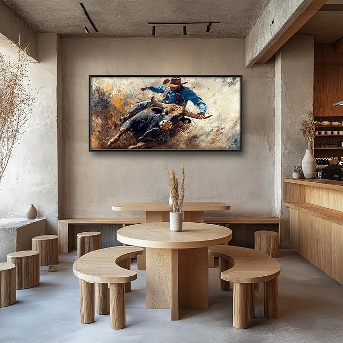 Framed Large Western Cowboy Wall Art, Oversized Rustic Cow Wall Decor for Living Room, Dusty Canvas Painting Pictures Vintage Artwork Home Decoration for Living Room Bedroom Office 60"x30"-PurrikoPets