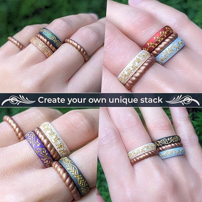 Knot Theory Gold Heart Vine Silicone Ring for Women - Baby Blue, Cosmic Purple, Dark Silver, Lavender, Pink, RoseGold, White Breathable Comfort Fit 6mm Bandwidth