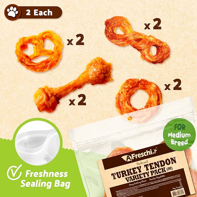 Afreschi Turkey Tendon Variety Pack (M) 10 oz, USA-Sourced Turkey Tendon, All Natural Puppy Chew, Hypoallergenic, Rawhide Alternative-PurrikoPets