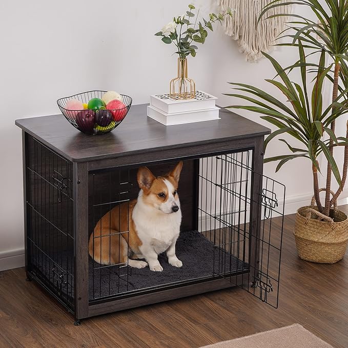 DWANTON Dog Crate Furniture with Cushion, Wooden Kennel Table with Double Doors, Indoor Dog House, Medium Size, 32.5" L, Dark Gray-PurrikoPets