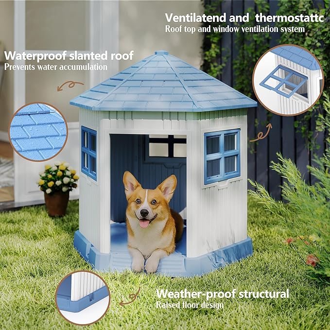 DRATO Dog House Indoor Outdoor Durable Large Dog Shelter with Outside Dog Kennel with Window and Elevated Floor for Small Medium Dogs (Blue, 34.8 * 30.51 * 36.89)-PurrikoPets