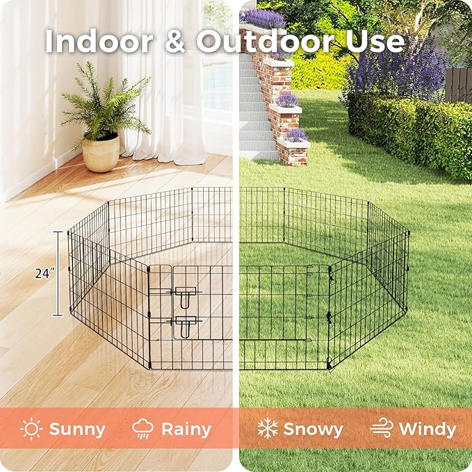 Foldable Dog Playpen 24" Height 8 Panels Metal Exercise Pen with Door - Indoor/Outdoor Puppy Playpen for Small Dogs, Portable Pet Fence for Yard Garden Camping, Black-PurrikoPets
