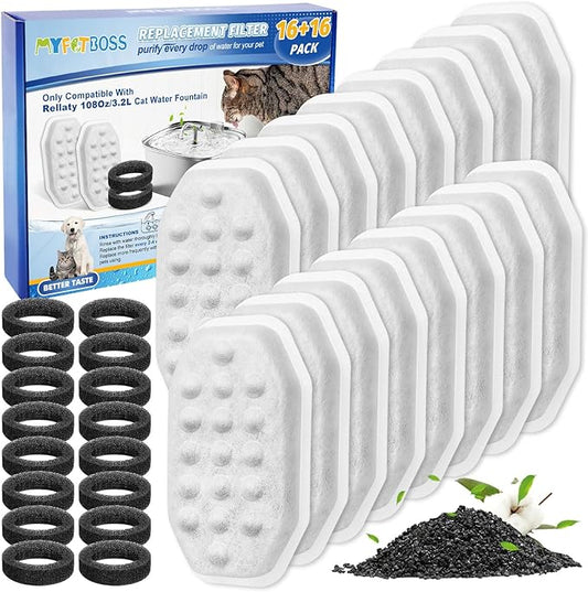 16+16 Pack Pet Water Fountain Filter Compatible with Rellaty & Fit for Neareal 108oz/3.2L Automatic Dog Water Dispenser, Cat Filters for Fountain Cat Bowl-PurrikoPets