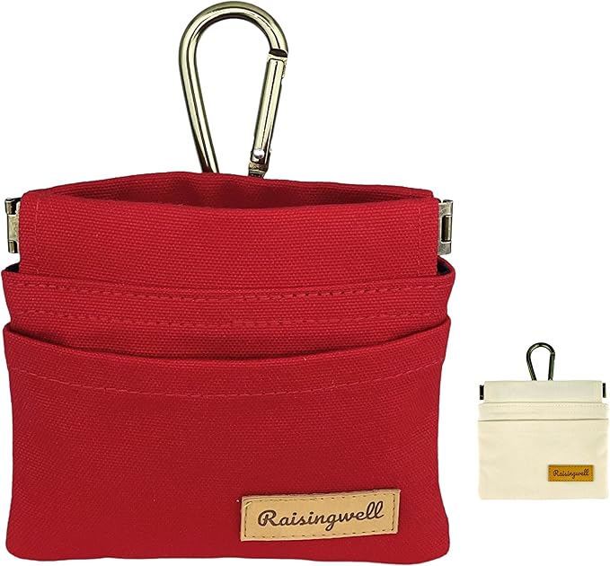 Dog Treat Pouch, Red Pocket Sized Pet Training Pouch, Cotton Fabric, Hand Free Dog Walking Bag with Carabiner, Self-Closing Pet Feed Snack Reward, for Puppy Travel or Outdoor Use-PurrikoPets