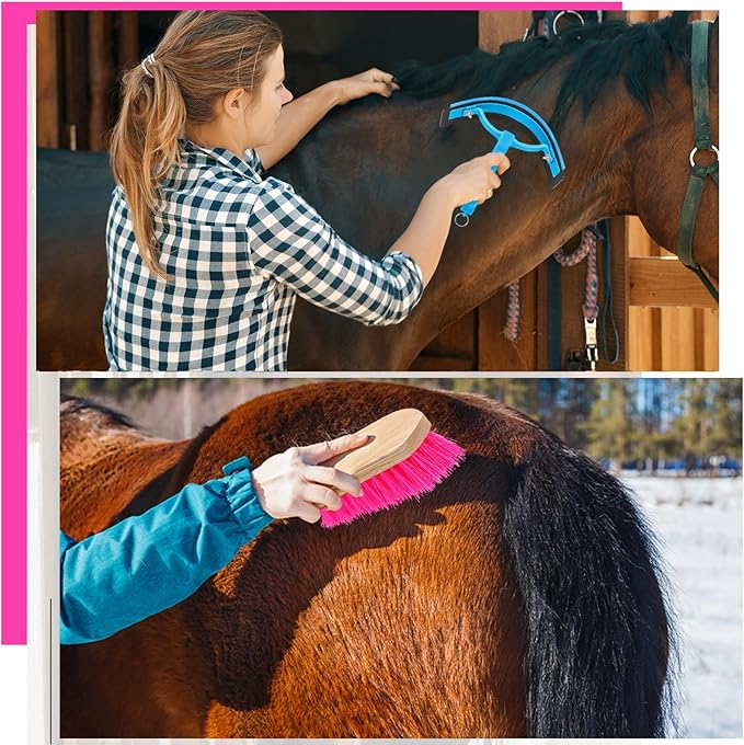 Abbylike 12 Pieces Horse Grooming Kit Racing Festival Tack Room Supplies Horse Brush Sets Equine Care Cleaning Kit Shedding Grooming Massaging Tools(Rose Red)-PurrikoPets