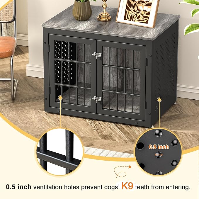32" Heavy Duty Dog Crate Furniture for Small and Medium Dogs, Metal Kennel for High Anxiety Dogs, Chew Proof Pet Cage Indoor, Decorative Dog Kennel End Table-PurrikoPets