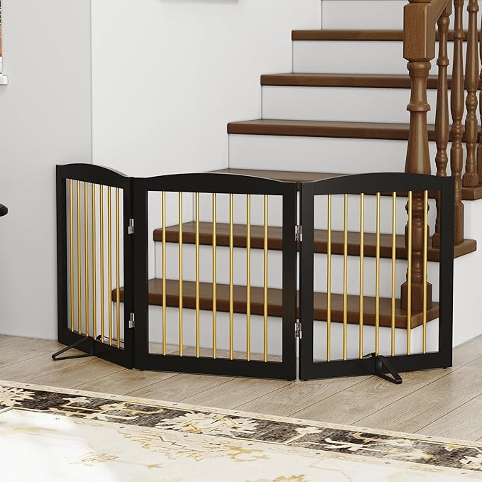 Freestanding Pet Gate for Dogs, Foldable Wooden Dog Gate for House, Indoor Dog Gate for Doorways, Stairs, Step Over Pet Puppy Safety Fence, Support Feet Included,24" Height 3 Panels,Black&Gold-PurrikoPets
