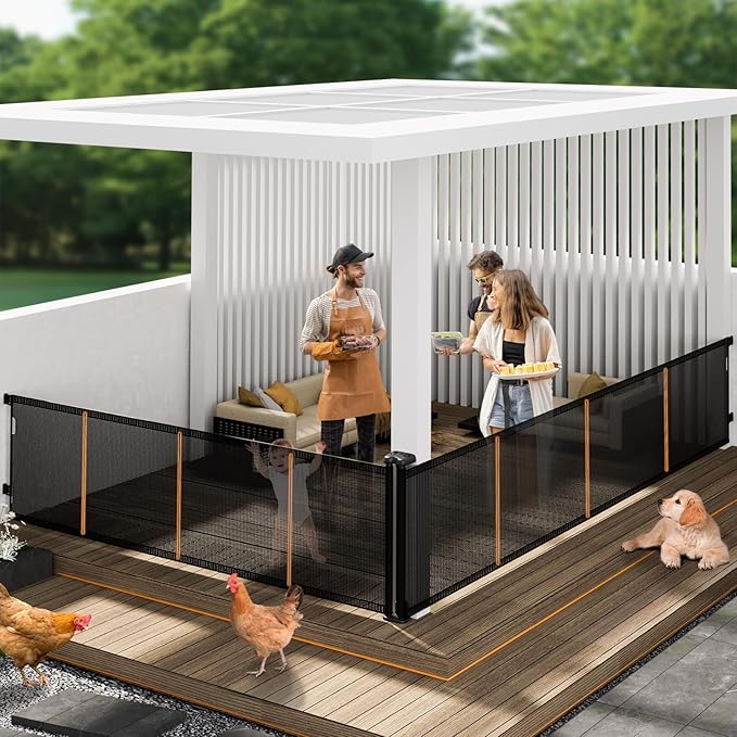 2-in-1 Retractable Baby Gates, 41" Tall Mesh Dog Gate 1-Pack, One Side Up to 200" Wide, Total 400" Wide, Long Retractable Pet Gate for Yard Swimming Pool Garage Indoor Outdoor-Black-PurrikoPets