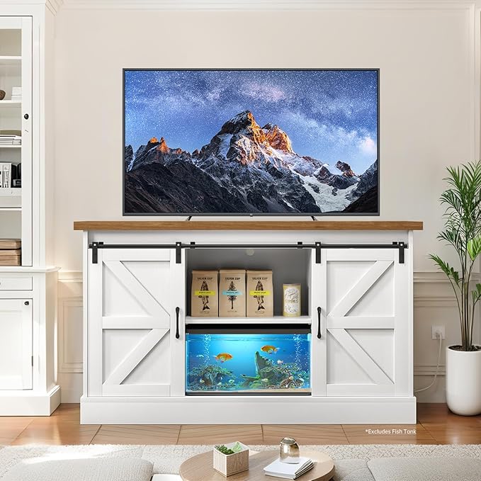 55-75 Gallon Fish Tank Stand with Sliding Barn Doors & Power Outlet, Heavy Duty Aquarium Stand with Cabinet Storage for Fish Tank, Turtle Tank, Reptile Terrarium, 1000LBS Capacity, White-PurrikoPets