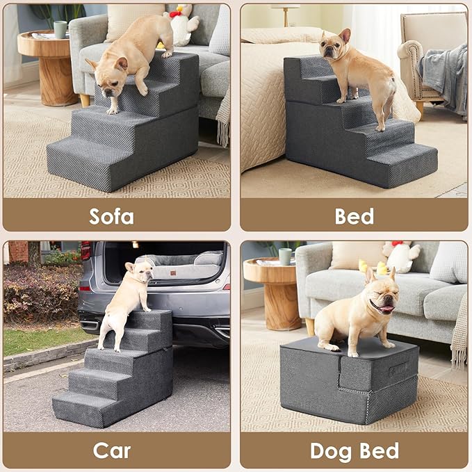 EHEYCIGA Dog Stairs for Small Dogs 13.5" H, 3-Step Dog Steps for Couch Sofa and Chair, Pet Steps for Medium Cats, Non-Slip Balanced Pet Ramp Indoor, Grey-PurrikoPets