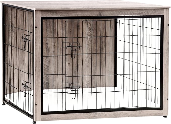 DWANTON Dog Crate Furniture with Cushion, Wooden Kennel Table with Double Doors, Indoor Dog House, Extra Large Size, 43.3" L, Greige-PurrikoPets