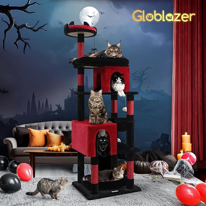 Globlazer Heavy Duty Gothic Cat Tree, 72in Large Cat Tower with Coffin Bed, Sturdy Maine Coon Cat Tree for Large Cats 20 lbs+, Medieval Castle Style with 6 Scratching Posts & Hammock, S72, Black & Red-PurrikoPets