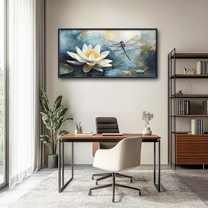 Extra Large Lotus Dragonfly Framed Wall Art for Living Room,Abstract Blue Lotus Flower Lake Pictures Wall Decor,Nature Canvas Print Painting Modern Artwork Bedroom Office Bathroom 60L" x 30W"-PurrikoPets