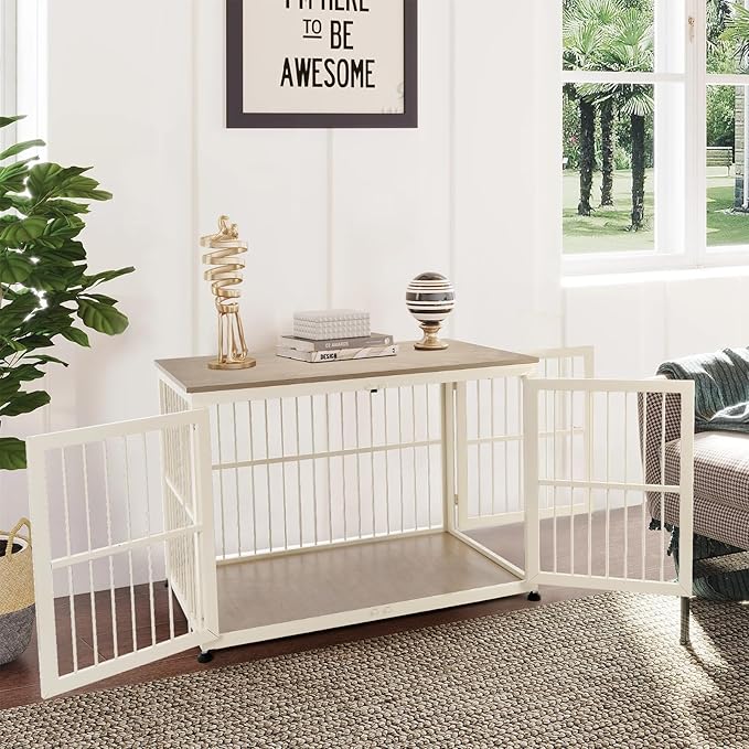 40 Inch Dog Crate Furniture for Large Medium Dogs, Wooden Heavy Duty Dog Kennel with Double Doors, Decorative Pet House Dog Cage Side End Table Indoor, Pet Cage Dog House, Beige-PurrikoPets