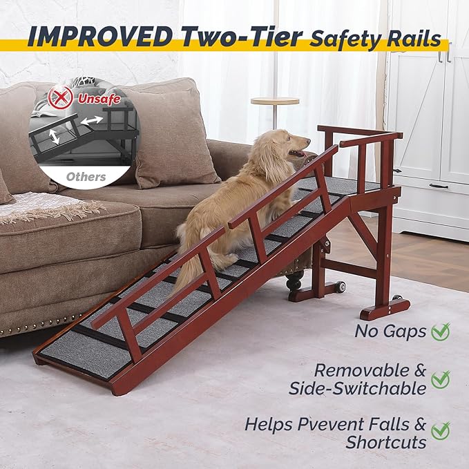 Dog Ramp for Bed or Couch, Wooden Pet Ramp with 20° Gentle Slope, Removable Side Rails, Non-Slip Surface, Top Platform & Wheels, Safe Bed Ramp for Small, Medium & Senior Dogs, 60" Long, Mahogany-PurrikoPets