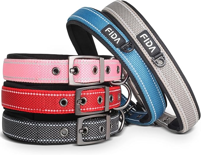 Fida Heavy Duty Dog Collar, Ultra Comfortable Soft Neoprene Padded, Adjustable Reflective Nylon Pet Collar with Durable Metal Belt Buckle for Medium Breeds (M, Black)-PurrikoPets