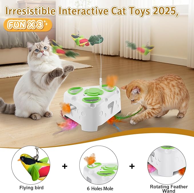 3-in-1 Interactive Cat Toys for Indoor Cats,Automatic Kitten Toy,Flying Bird,6 Holes Mole,Rotating Feather, Rechargeable USB Interactive Cat Feather Toys for Bored Indoor Cats-PurrikoPets