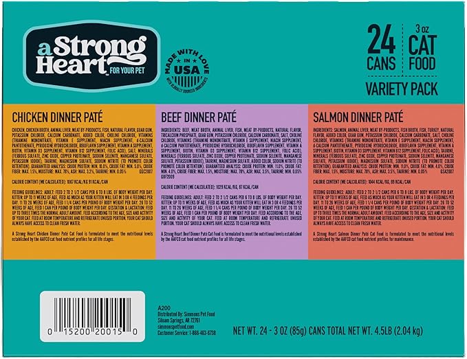 A Strong Heart Canned Wet Cat Food, Chicken, Beef and Salmon Variety Pack - 3 oz Cans (Pack of 24), Made in The USA with Real Chicken, Beef and Salmon-PurrikoPets