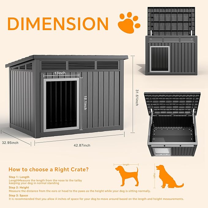DRATO Dog House for Both Indoor and Outdoor with Weatherproof Roof Removable Floors for Medium to Large Dogs Interior Space (Black, Large (42.87 * 32.95 * 31.61''))-PurrikoPets
