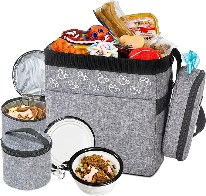 Dog Travel Bag with Treat Pouch, Airline Approved Dog Bags for Traveling, 2 Dog Food Travel Container, 2 Travel Bowls, Weekend Dog Travel Bag for Supplies, Dog Travel Kit Accessories-PurrikoPets