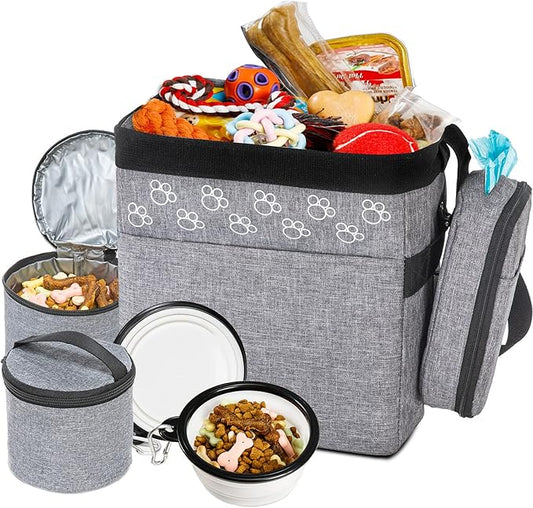 Dog Travel Bag with Treat Pouch, Airline Approved Dog Bags for Traveling, 2 Dog Food Travel Container, 2 Travel Bowls, Weekend Dog Travel Bag for Supplies, Dog Travel Kit Accessories-PurrikoPets