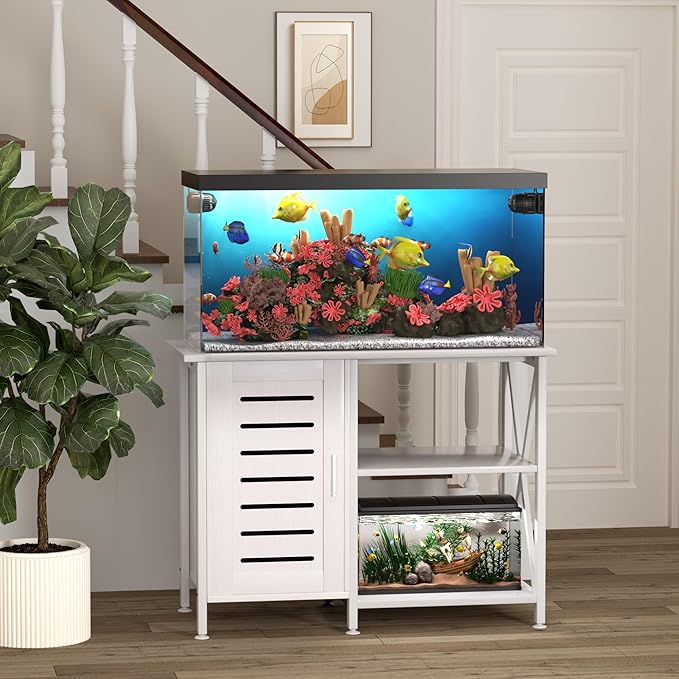 40-50 Gallon Fish Tank Stand, Aquarium Stand with Cabinet Accessories Storage, Heavy Duty Metal Frame, 40.55" L*18.89" W Tabletop, 850LBS Capacity, White PG02YGW-PurrikoPets